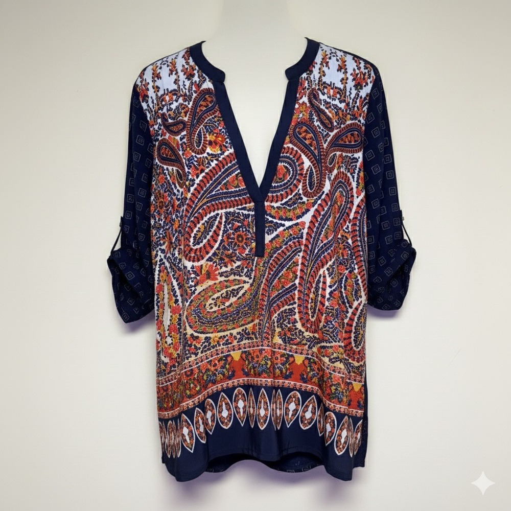 Tiny Anthropologie‎ Paisley Tunic Women Large Navy Blue Boho Roll Tab Blouse EUC